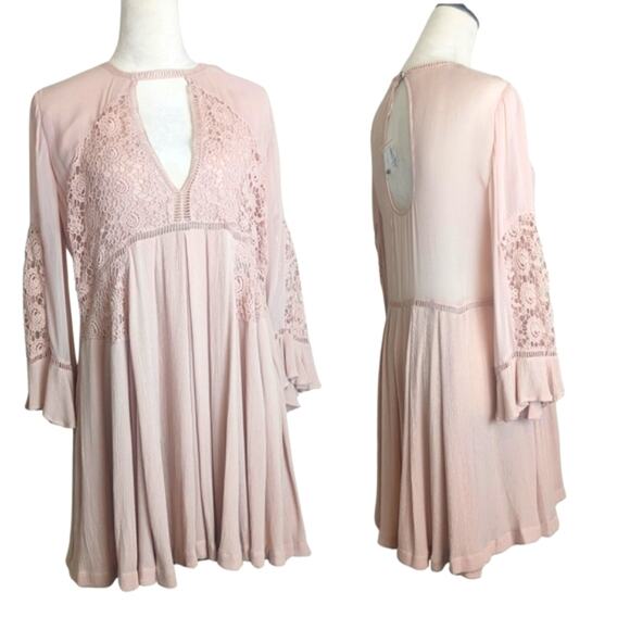 Free People Embroidered Laced Pink Rose Baby Doll Sheer Back Dress Women's M - Picture 1 of 12